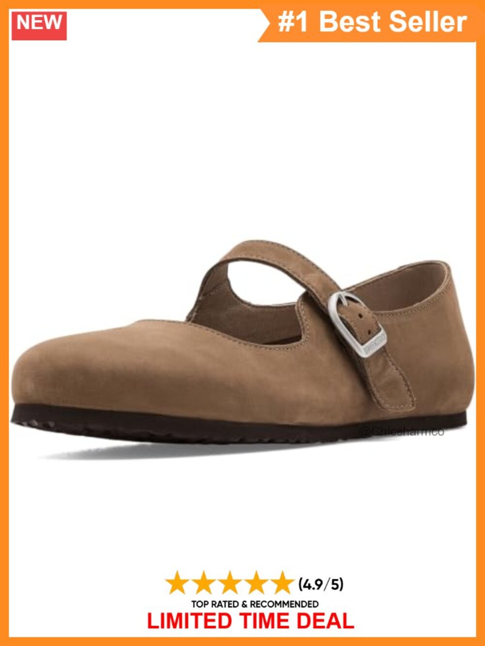 Nubuck Leather Mary Jane Flats with Buckle Strap and Contoured Footbed